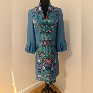 New York & Company Blue Floral Long Sleeve Dress